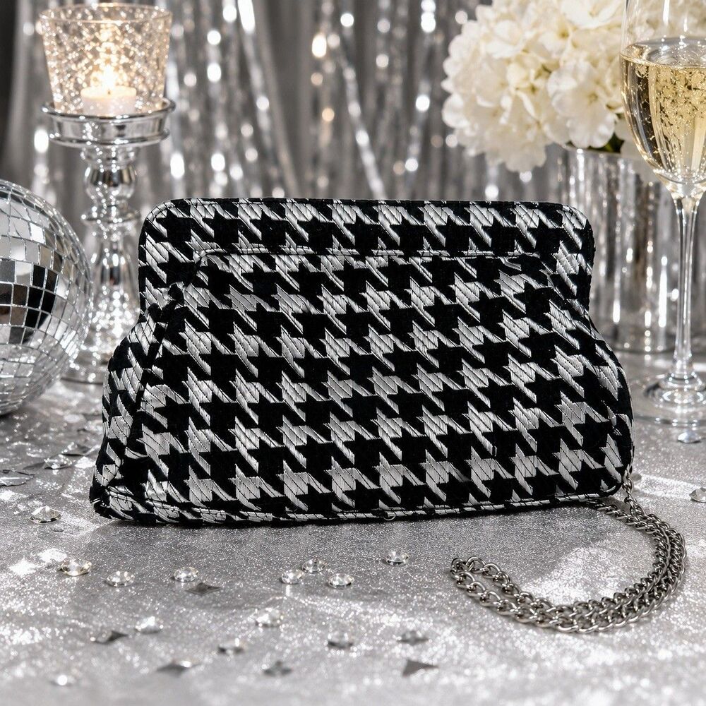 Nina Metallic Houndstooth Evening Clutch Purse Silver Black Chain Strap Luxury